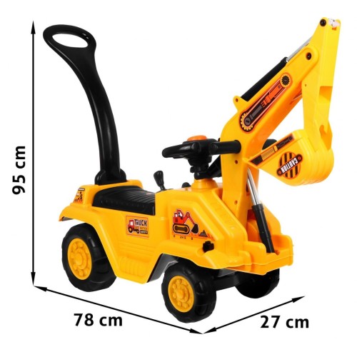 Odrážadlo Tlačná rukoväť Bager pre deti + Pohyblivá lopata + Klaxon + Skrytý Nočník + Prilba