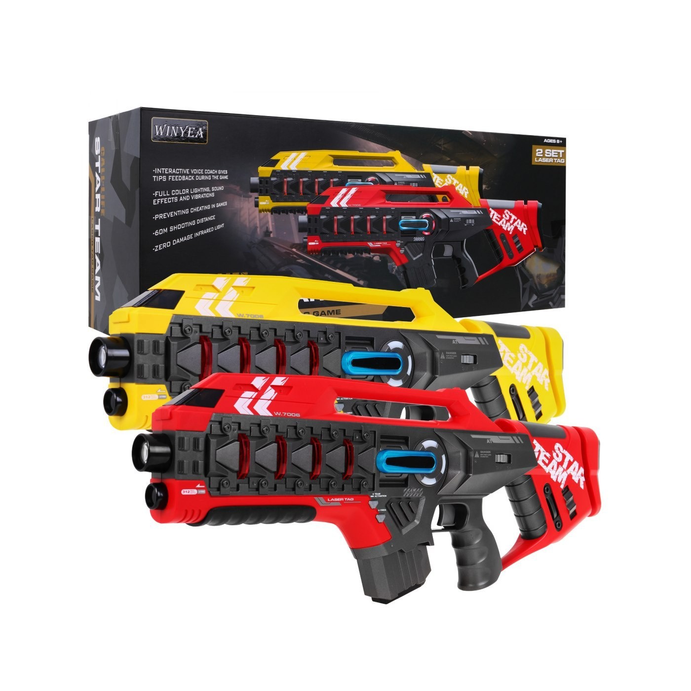 Sada 2 laserových pištolí pre deti 8+ Laser Tag Červený Žltý 4 tímy + 4 druhy zbraní