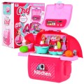 Ružová Kuchyňa batoh 2v1 pre deti 3+ Rozkladací pult + Hrnce + Príslušenstvo 24 el.