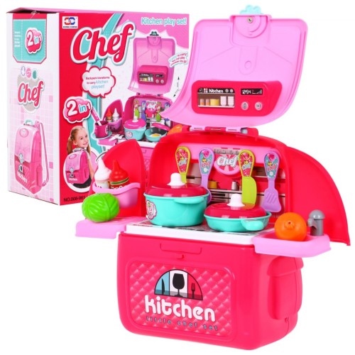 Ružová Kuchyňa batoh 2v1 pre deti 3+ Rozkladací pult + Hrnce + Príslušenstvo 24 el.