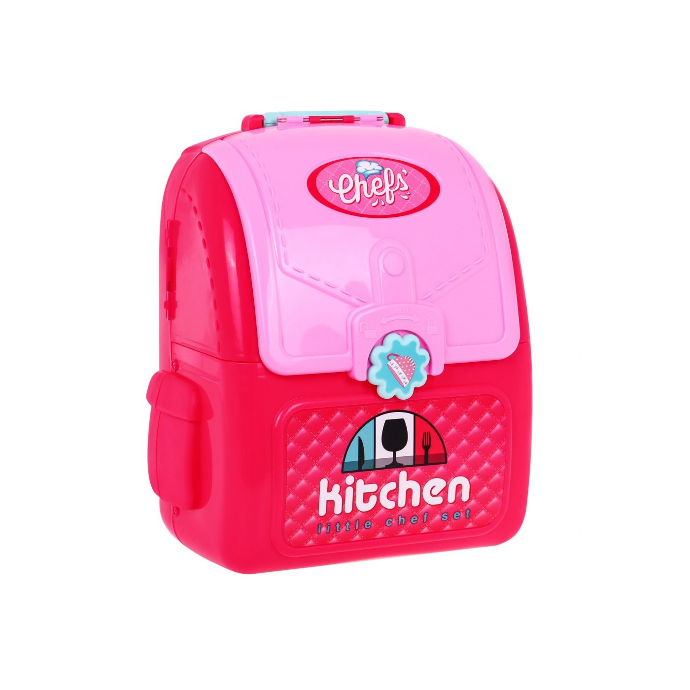 Ružová Kuchyňa batoh 2v1 pre deti 3+ Rozkladací pult + Hrnce + Príslušenstvo 24 el.