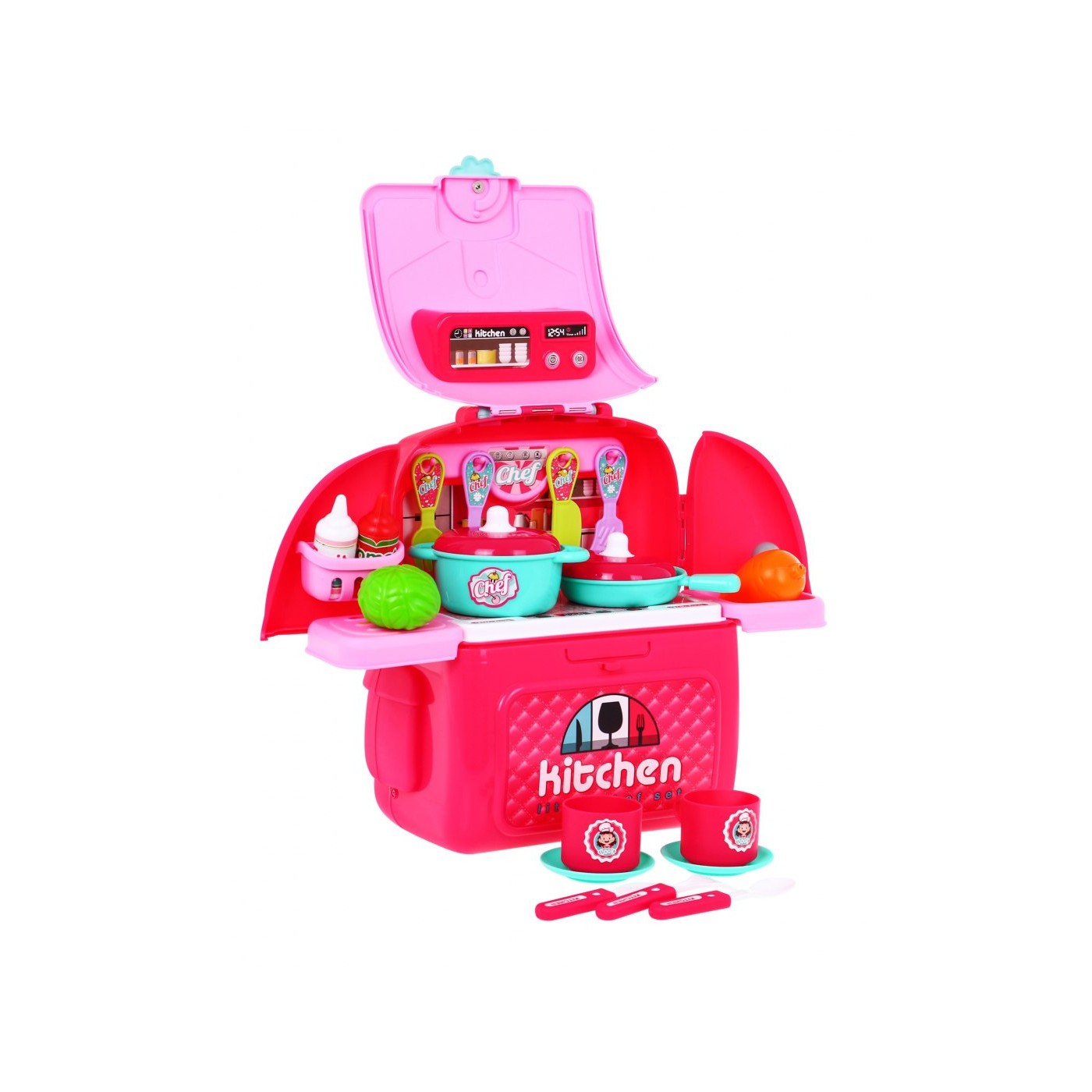 Ružová Kuchyňa batoh 2v1 pre deti 3+ Rozkladací pult + Hrnce + Príslušenstvo 24 el.