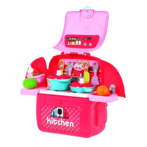 Ružová Kuchyňa batoh 2v1 pre deti 3+ Rozkladací pult + Hrnce + Príslušenstvo 24 el.