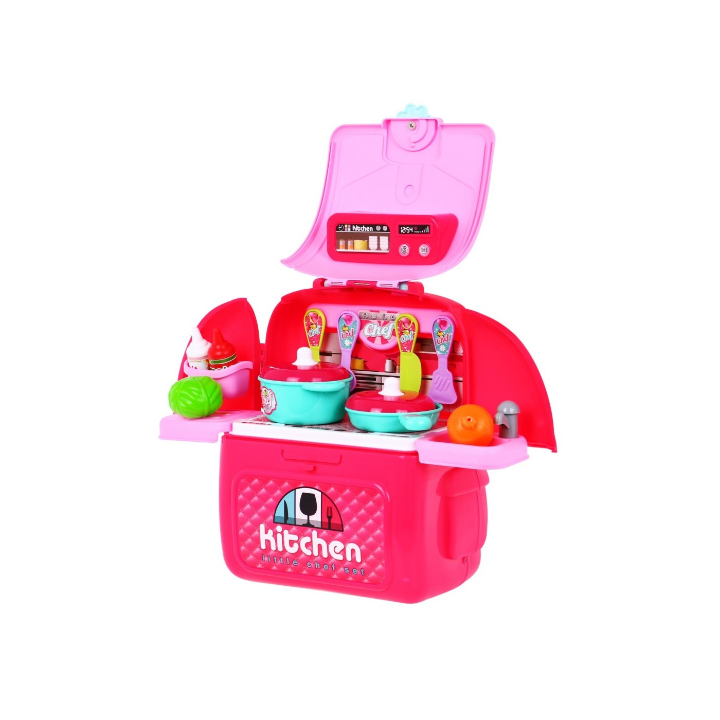 Ružová Kuchyňa batoh 2v1 pre deti 3+ Rozkladací pult + Hrnce + Príslušenstvo 24 el.