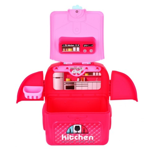 Ružová Kuchyňa batoh 2v1 pre deti 3+ Rozkladací pult + Hrnce + Príslušenstvo 24 el.