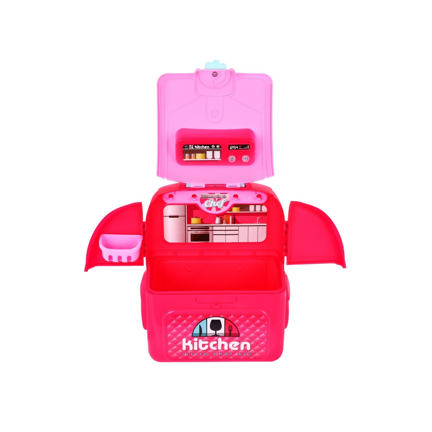 Ružová Kuchyňa batoh 2v1 pre deti 3+ Rozkladací pult + Hrnce + Príslušenstvo 24 el.