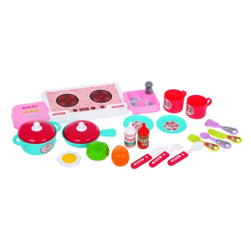 Ružová Kuchyňa batoh 2v1 pre deti 3+ Rozkladací pult + Hrnce + Príslušenstvo 24 el.