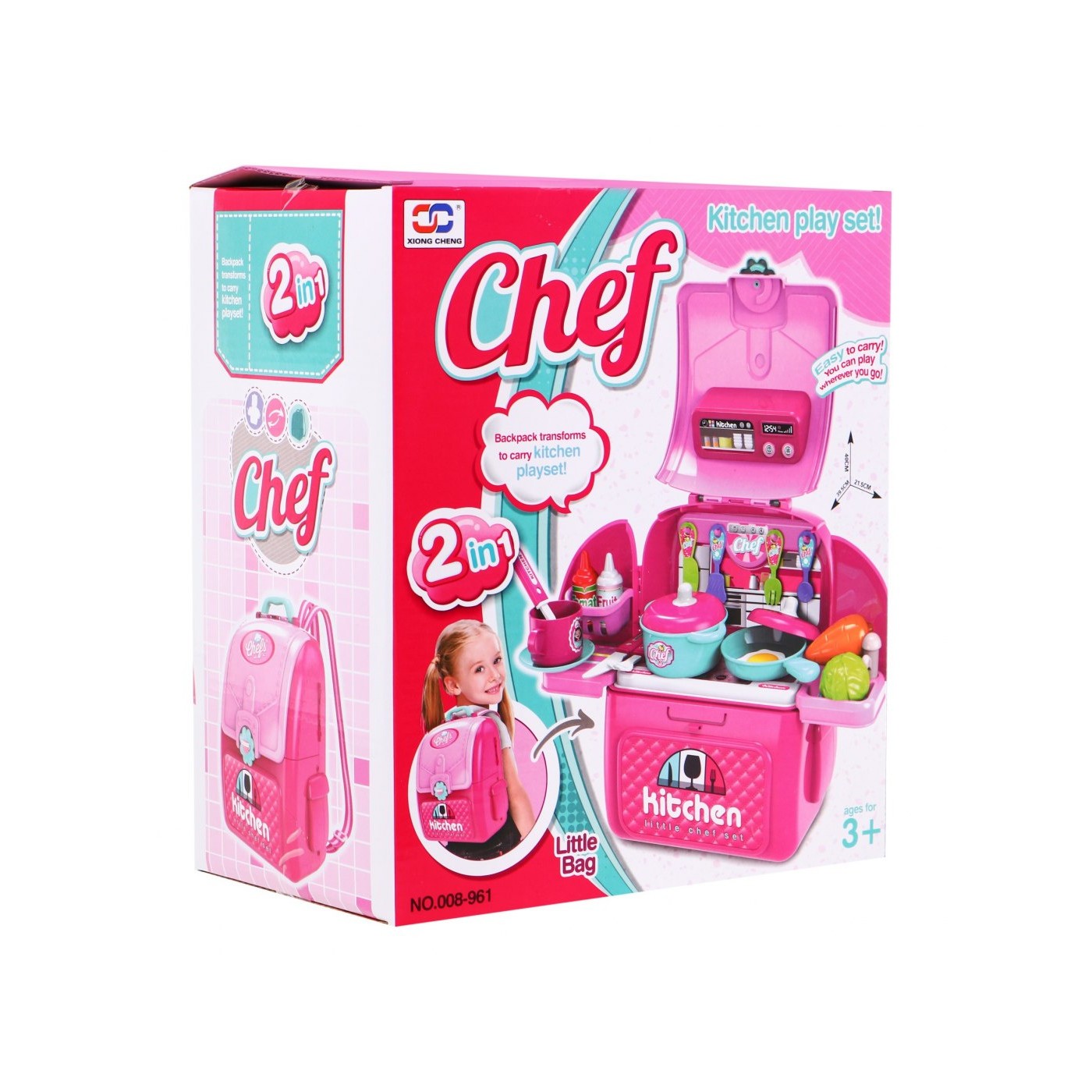 Ružová Kuchyňa batoh 2v1 pre deti 3+ Rozkladací pult + Hrnce + Príslušenstvo 24 el.