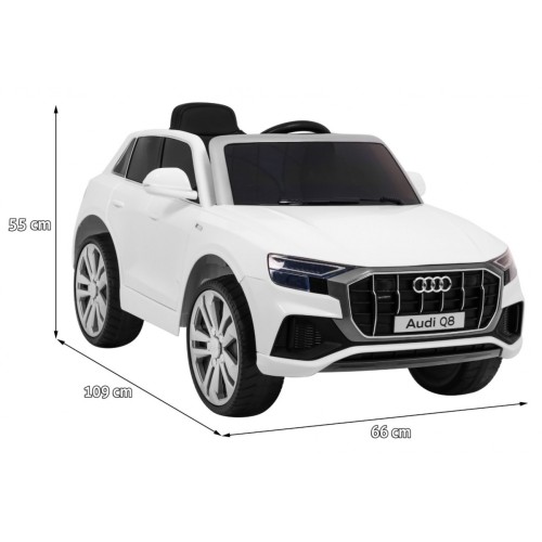 Audi Q8 Lift na batériu pre deti Biely + Ovládač + EVA + Pomalý štart + MP3 USB + LED