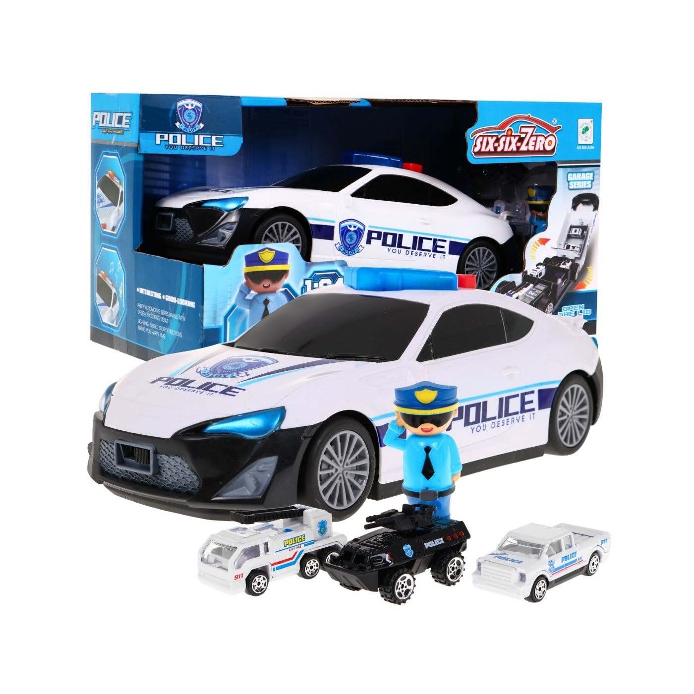 Policajné auto 2v1 pre deti 3+ Skrytý priestor na autíčka + 3 Autíčka + Zvuky Svetlá