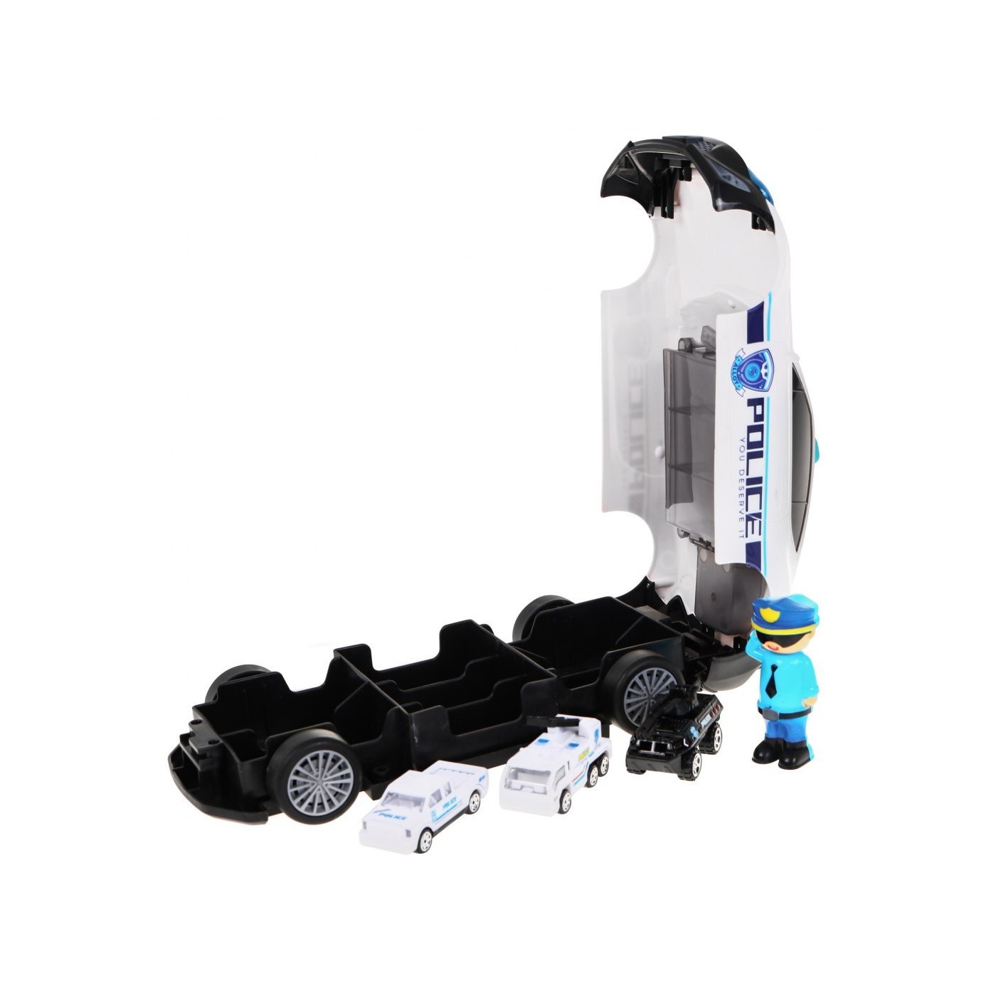 Policajné auto 2v1 pre deti 3+ Skrytý priestor na autíčka + 3 Autíčka + Zvuky Svetlá