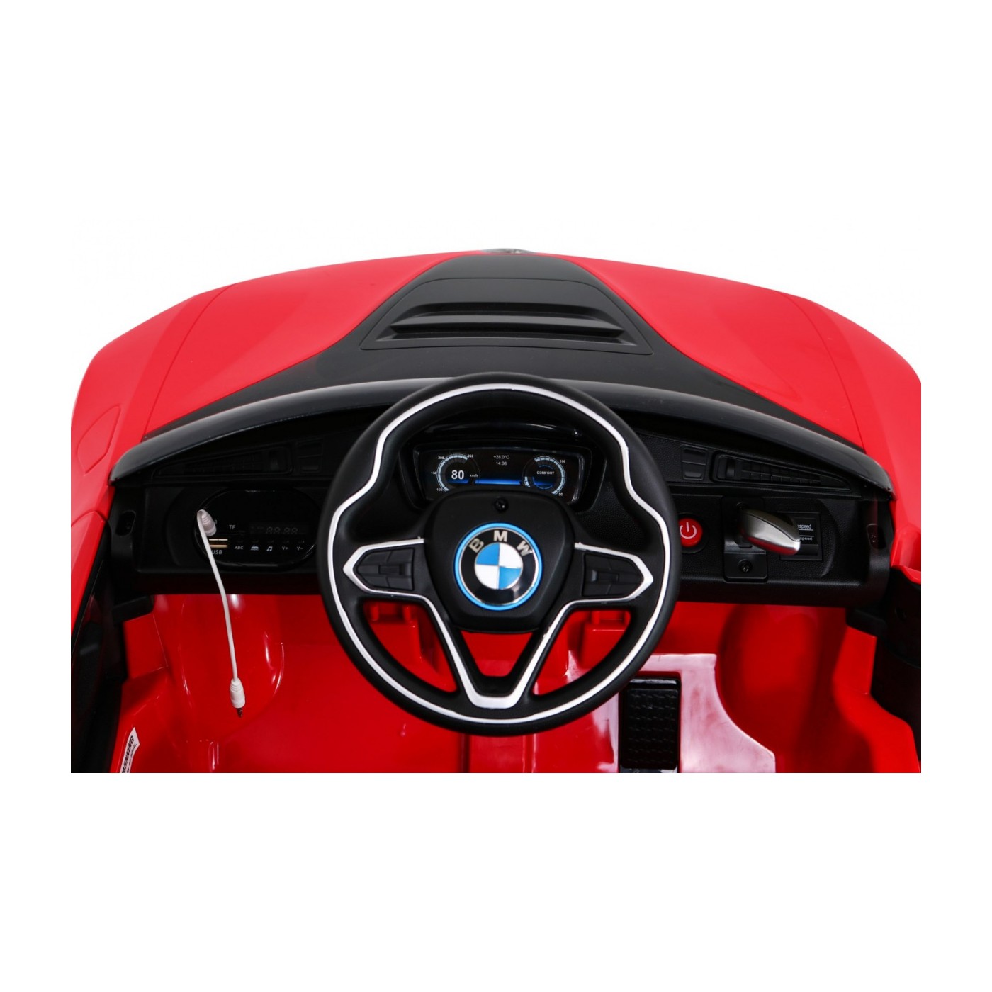 BMW I8 Lift Auto na batériu Červené + Ovládač + Pomalý štart + 3-bodové pásy + MP3 USB + LED