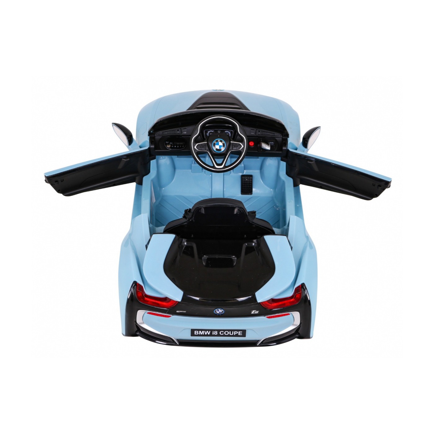 BMW I8 Lift Auto na batériu Modré + Ovládač + Pomalý štart + 3-bodové pásy + MP3 USB + LED