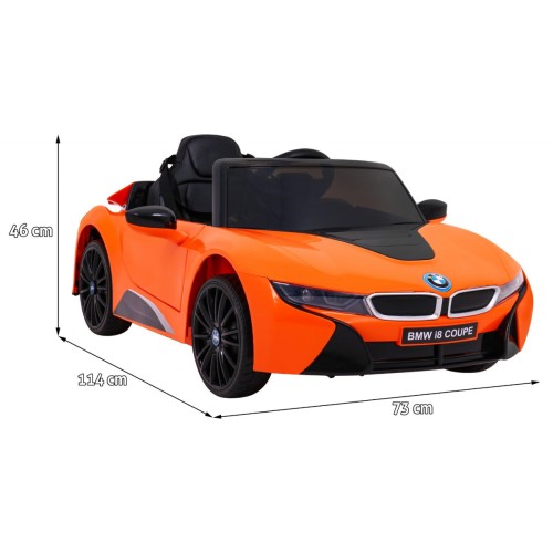 BMW I8 Lift Auto na batériu Oranžové + Ovládač + Pomalý štart + 3-bodové pásy + MP3 USB + LED