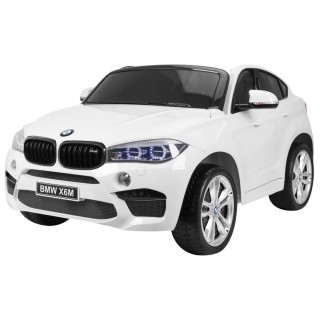 BMW X6M XXL pre 2 deti Biely + Ovládač + Ekokoža + Pásy + Pomalý štart + MP3 USB + LED