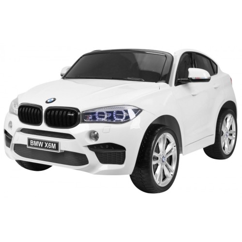 BMW X6M XXL pre 2 deti Biely + Ovládač + Ekokoža + Pásy + Pomalý štart + MP3 USB + LED