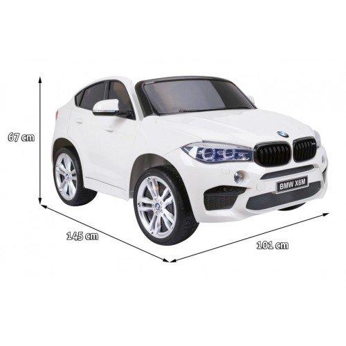 BMW X6M XXL pre 2 deti Biely + Ovládač + Ekokoža + Pásy + Pomalý štart + MP3 USB + LED
