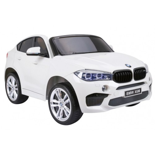 BMW X6M XXL pre 2 deti Biely + Ovládač + Ekokoža + Pásy + Pomalý štart + MP3 USB + LED