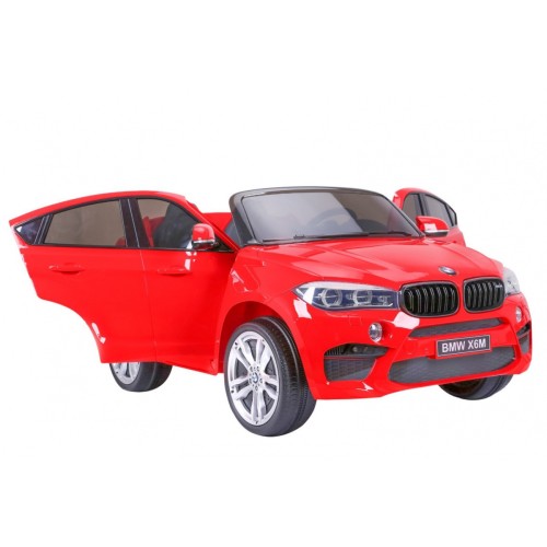 BMW X6M XXL pre 2 deti Červený + Ovládač + Ekokoža + Pásy + Pomalý štart + MP3 USB + LED