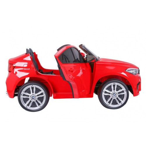 BMW X6M XXL pre 2 deti Červený + Ovládač + Ekokoža + Pásy + Pomalý štart + MP3 USB + LED