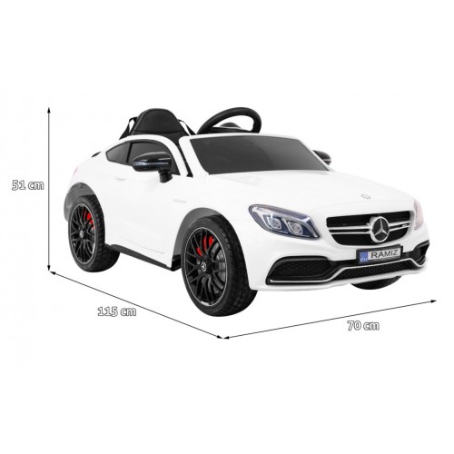 Mercedes Benz C63 AMG pre deti Biely + Diaľkové ovládanie + 5-bodové pásy + EVA + Batožinový priestor + MP3 LED