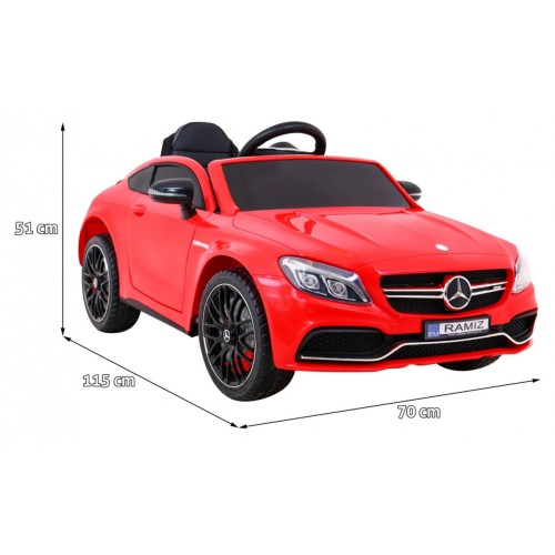 Mercedes Benz C63 AMG pre deti Červený + Diaľkové ovládanie + 5-bodové pásy + EVA + Batožinový priestor + MP3 LED