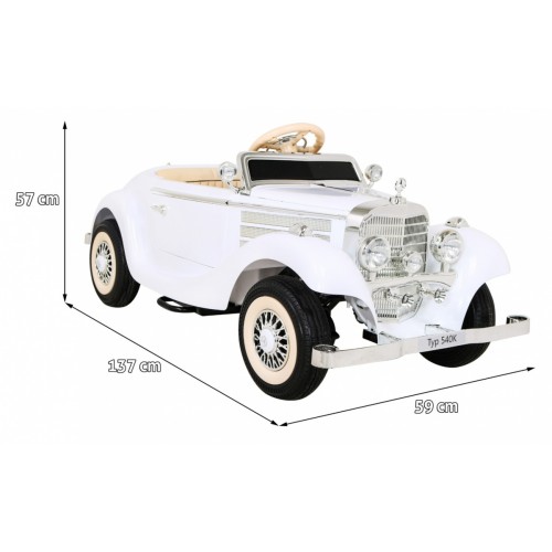 Mercedes Benz Retro 540A pre deti Biely + Režim "Rodič" + Diaľkové ovládanie + Audio panel + LED