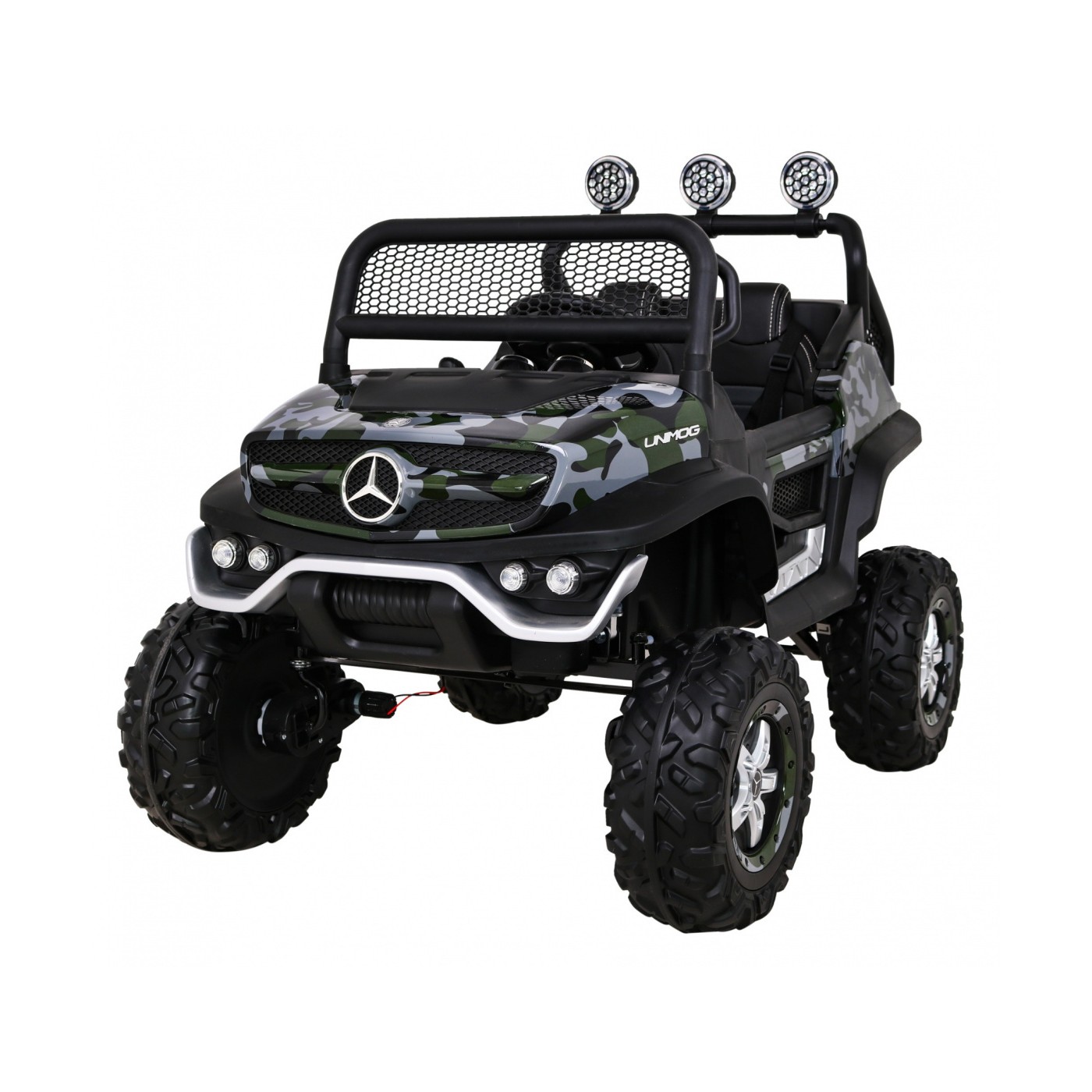 Mercedes Benz Unimog pre deti Lakovaný Moro + Pohon 4x4 + Diaľkové ovládanie + Batožinový priestor + Pomalý štart + MP3 LED