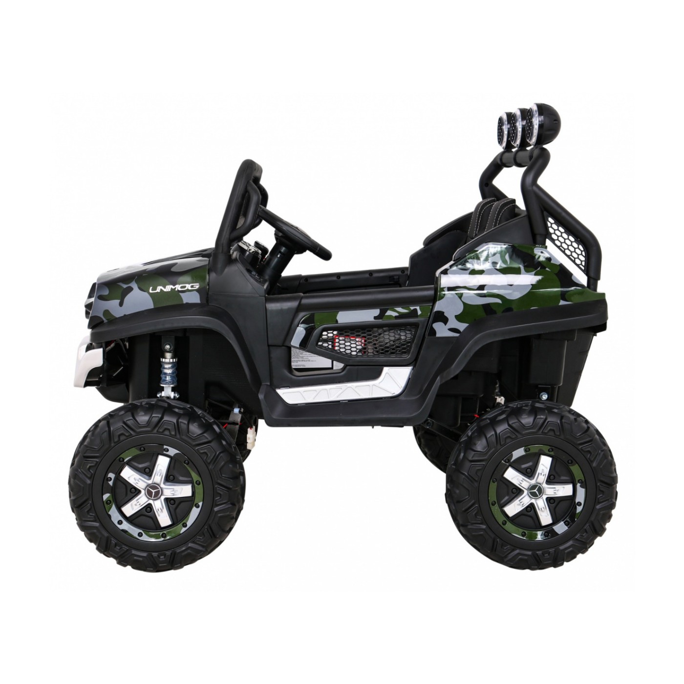 Mercedes Benz Unimog pre deti Lakovaný Moro + Pohon 4x4 + Diaľkové ovládanie + Batožinový priestor + Pomalý štart + MP3 LED