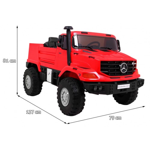 Auto na batériu Mercedes-Benz Zetros pre deti Červený + 2-miestny + Batožinový priestor + Diaľkové ovládanie