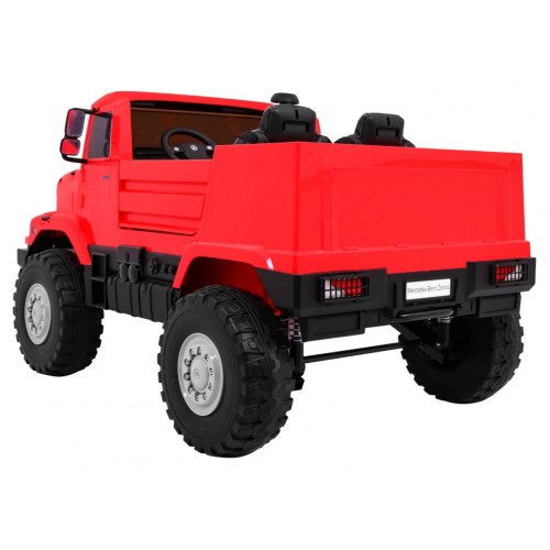 Auto na batériu Mercedes-Benz Zetros pre deti Červený + 2-miestny + Batožinový priestor + Diaľkové ovládanie