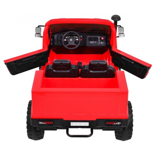 Auto na batériu Mercedes-Benz Zetros pre deti Červený + 2-miestny + Batožinový priestor + Diaľkové ovládanie