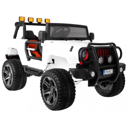 Terénne auto typu jeep Monster 4x4 pre deti Biely + Diaľkové ovládanie + Nastaviteľné sedadlo + Pomalý štart + MP3 LED + Batožin