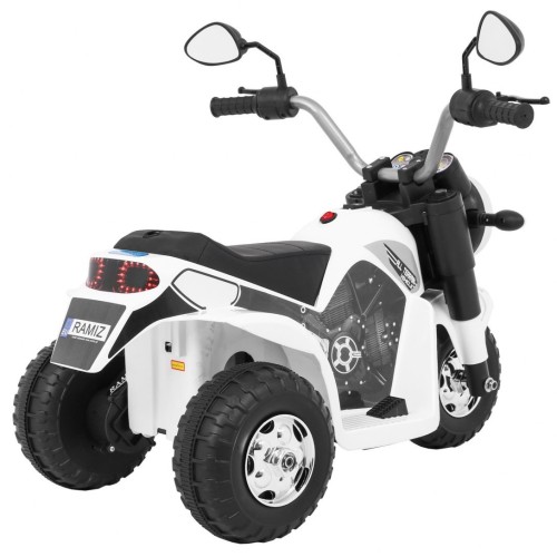 Motorka MiniBike na batériu pre deti Biela + Zvuky + LED svetlá + Ekokoža