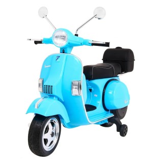 Elektrický skúter Vespa pre deti Modrý + Pomocné kolieska + Audio + Ekokoža + EVA + Pomalý štart