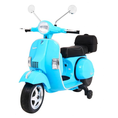 Elektrický skúter Vespa pre deti Modrý + Pomocné kolieska + Audio + Ekokoža + EVA + Pomalý štart
