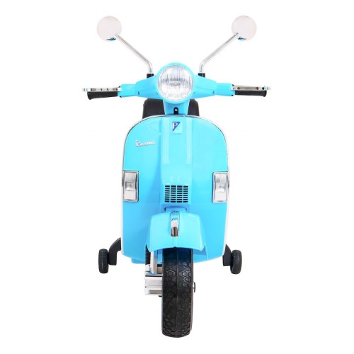 Elektrický skúter Vespa pre deti Modrý + Pomocné kolieska + Audio + Ekokoža + EVA + Pomalý štart