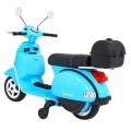 Elektrický skúter Vespa pre deti Modrý + Pomocné kolieska + Audio + Ekokoža + EVA + Pomalý štart