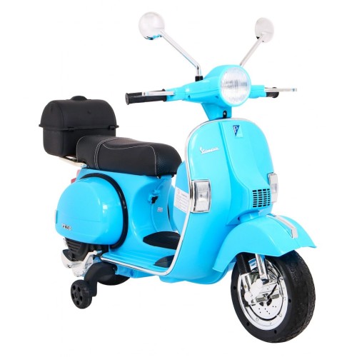 Elektrický skúter Vespa pre deti Modrý + Pomocné kolieska + Audio + Ekokoža + EVA + Pomalý štart