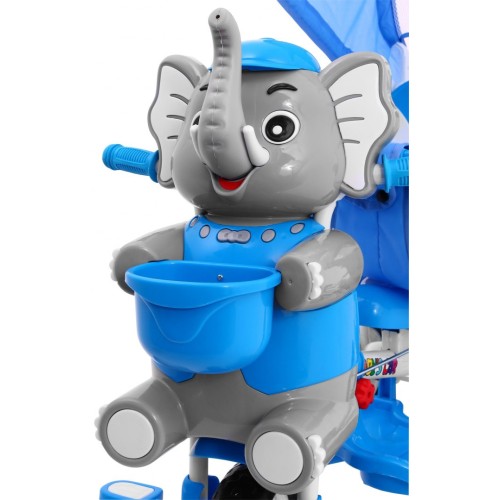 3-kolesový detský bicykel Blue Elephant + zvuky + strieška + zábrana + opierka na nohy + rukoväť + úložný priestor