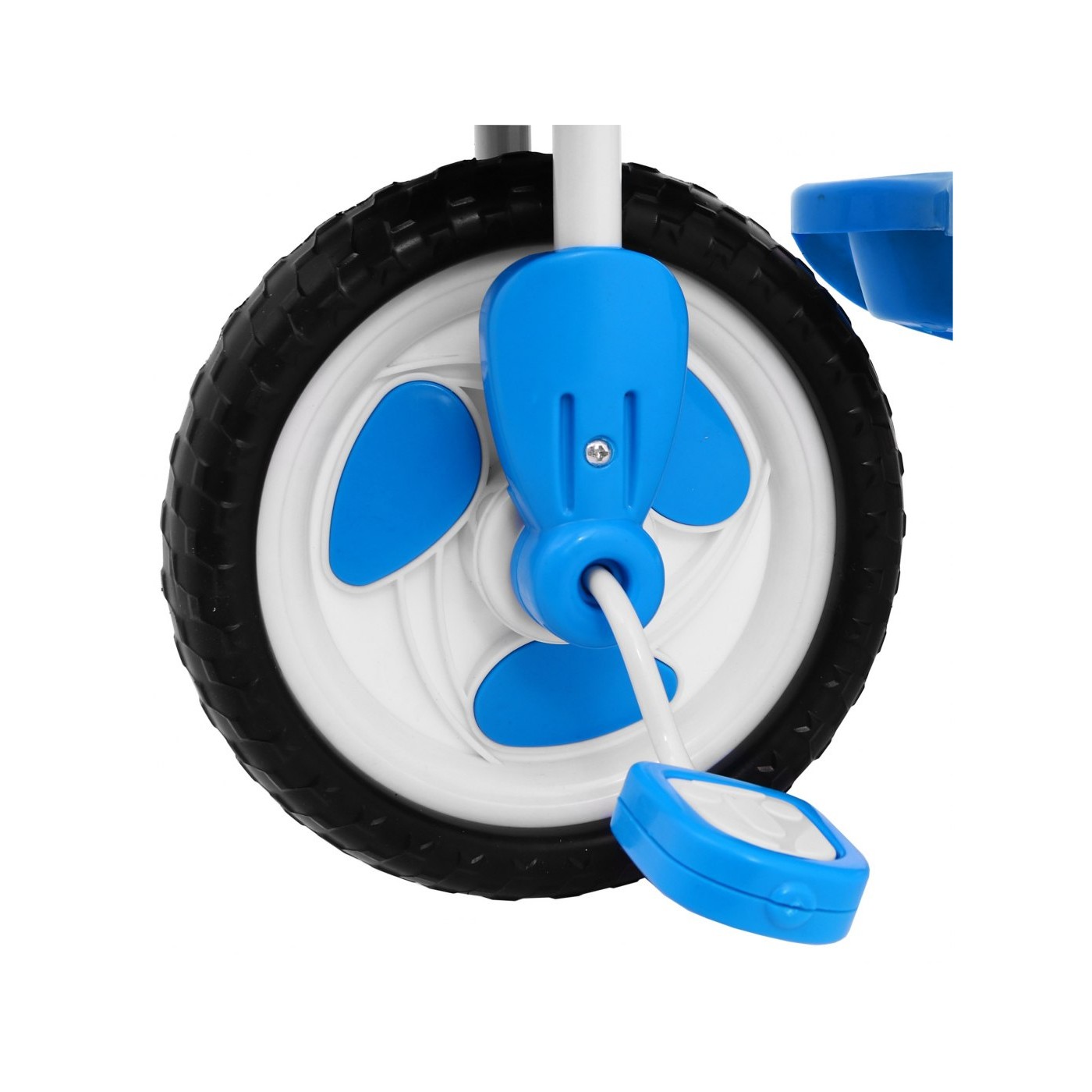 3-kolesový detský bicykel Blue Elephant + zvuky + strieška + zábrana + opierka na nohy + rukoväť + úložný priestor