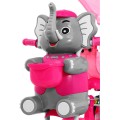 3-kolesový detský bicykel Ružový slon + zvuky + strieška + zábrana + opierka na nohy + rukoväť + úložný priestor