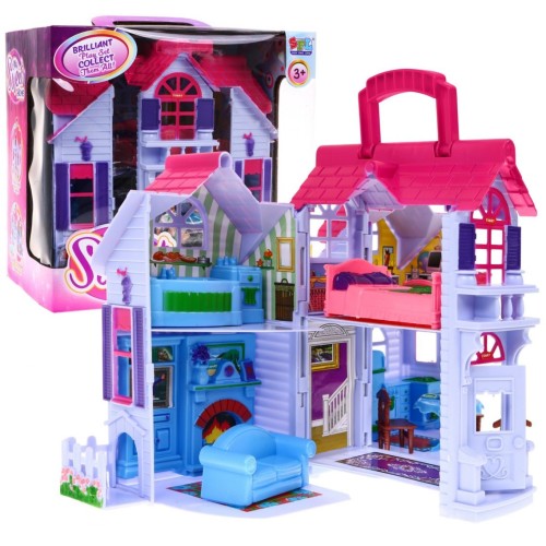 Skladací domček pre deti 3+ Fialový + Figúrky rodiny + Psík + Nábytok + 2 poschodia