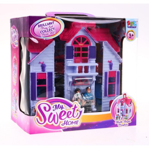 Skladací domček pre deti 3+ Fialový + Figúrky rodiny + Psík + Nábytok + 2 poschodia