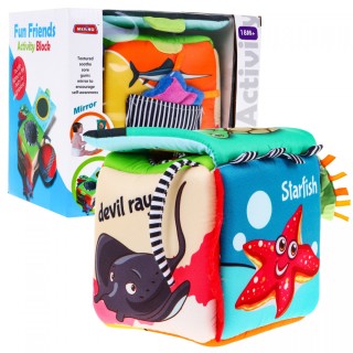 Senzorická kocka "Morský svet" pre deti 18m+ Materiálová hračka + Zvončeky