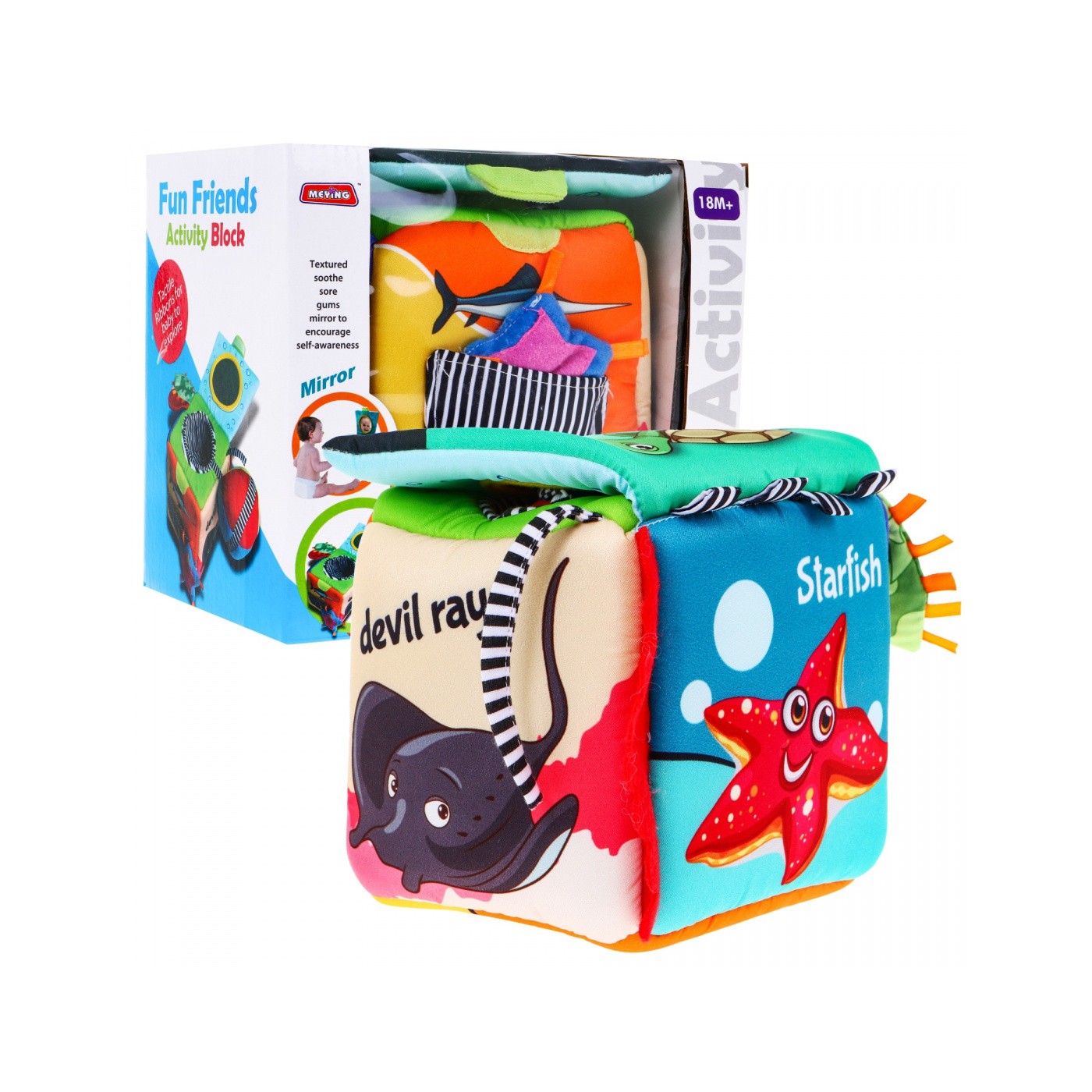 Senzorická kocka "Morský svet" pre deti 18m+ Materiálová hračka + Zvončeky