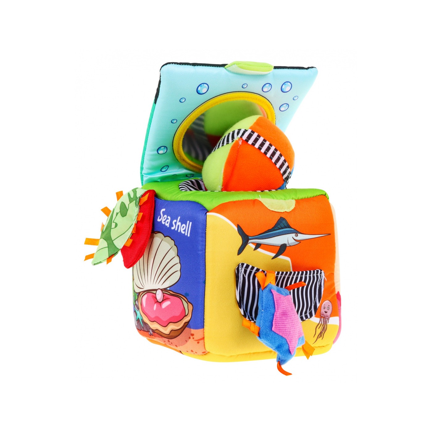 Senzorická kocka "Morský svet" pre deti 18m+ Materiálová hračka + Zvončeky