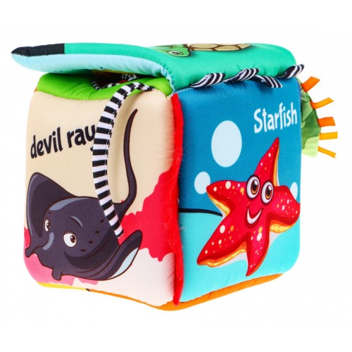 Senzorická kocka "Morský svet" pre deti 18m+ Materiálová hračka + Zvončeky