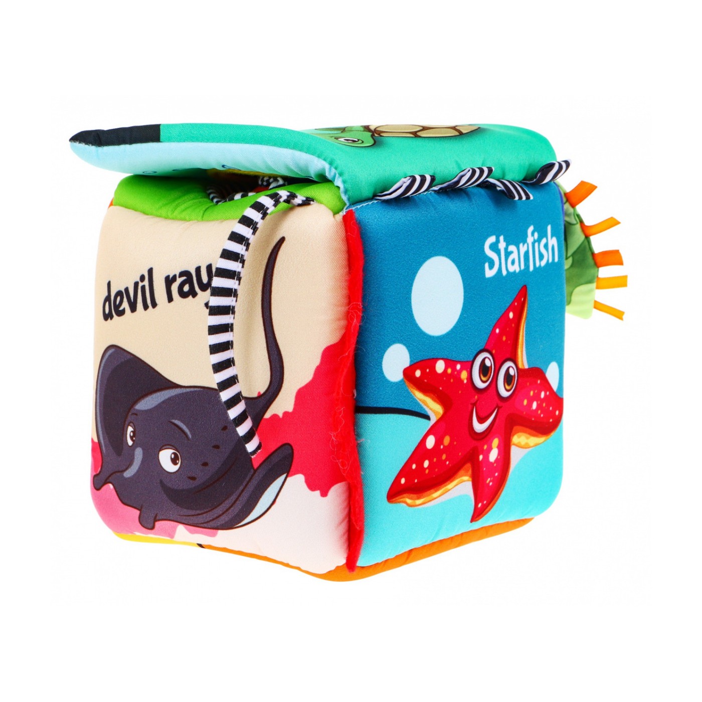 Senzorická kocka "Morský svet" pre deti 18m+ Materiálová hračka + Zvončeky