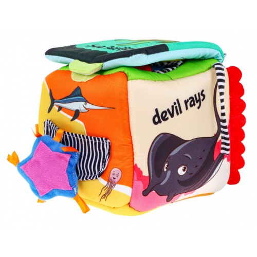 Senzorická kocka "Morský svet" pre deti 18m+ Materiálová hračka + Zvončeky